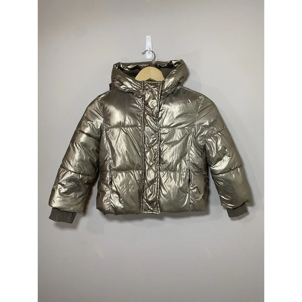 GAP Kids XSMALL Metallic Bronze Gold Puffer Coat Jacket Hooded Fleece Storm Cuff